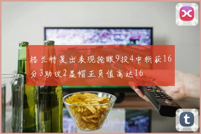格兰特复出表现抢眼9投4中斩获16分3助攻2盖帽正负值高达16